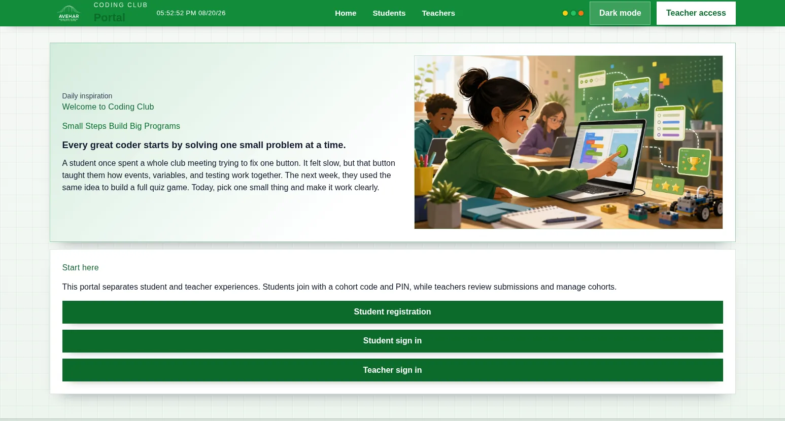 Coding Club portal with student and teacher navigation, coding inspiration, and role-specific sign-in options.