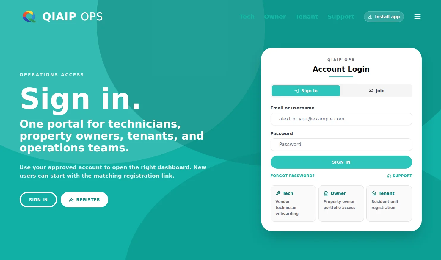 QIAIP Operations Portal sign-in screen for technicians, property owners, tenants, and operations teams.