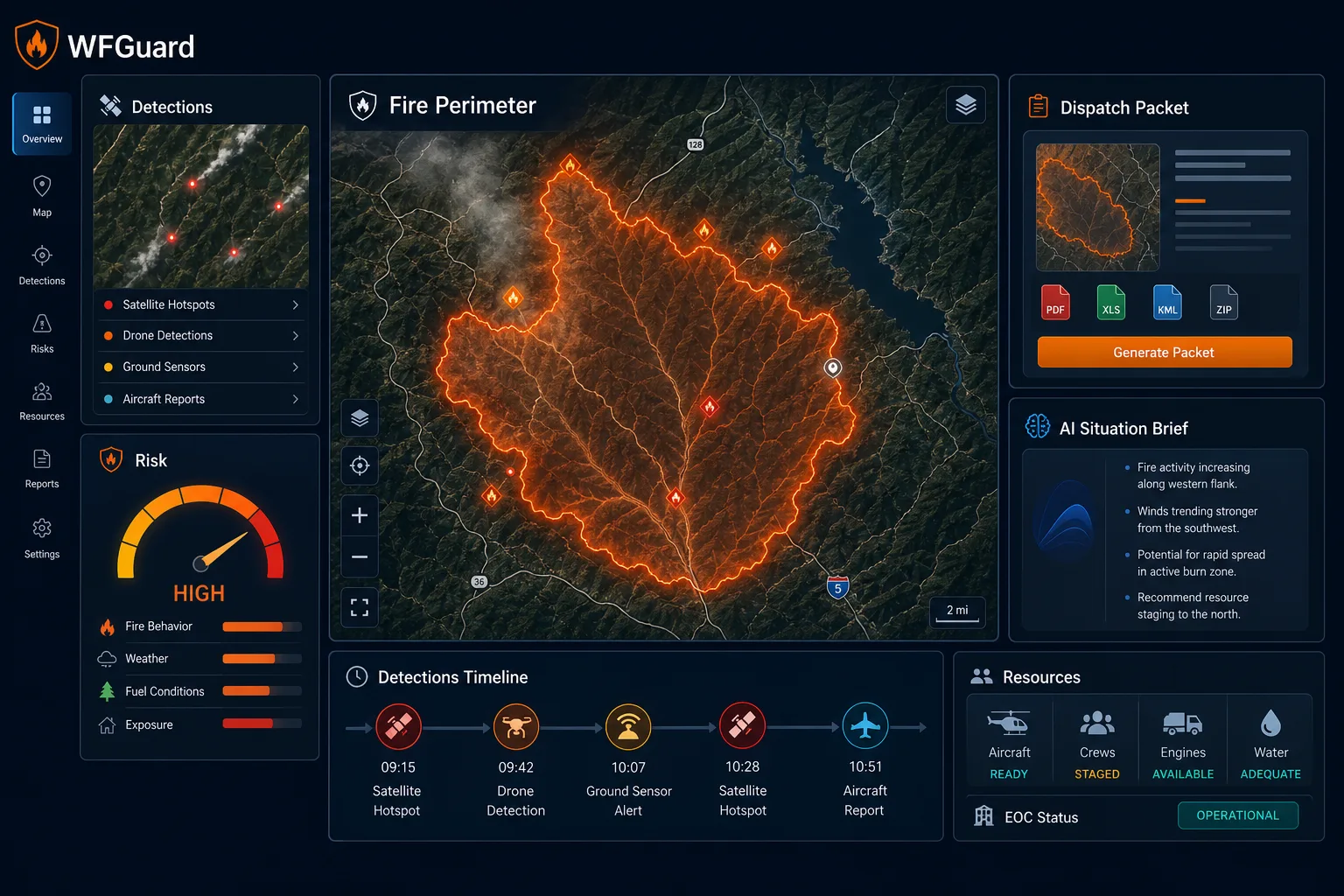 WFGuard wildfire intelligence command center showing fire-perimeter mapping, risk monitoring, detections, AI situation briefing, resource status, and dispatch-ready response information.